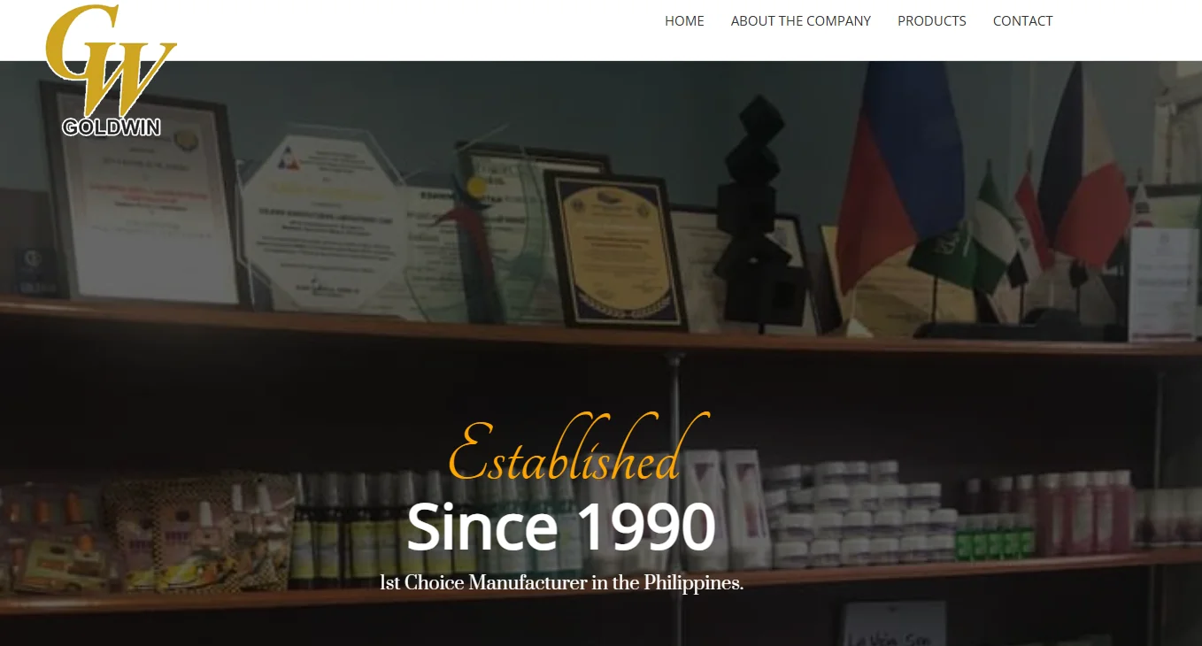 Goldwin Philippines display with certificates and flags, highlighting establishment since 1990 as a manufacturer.